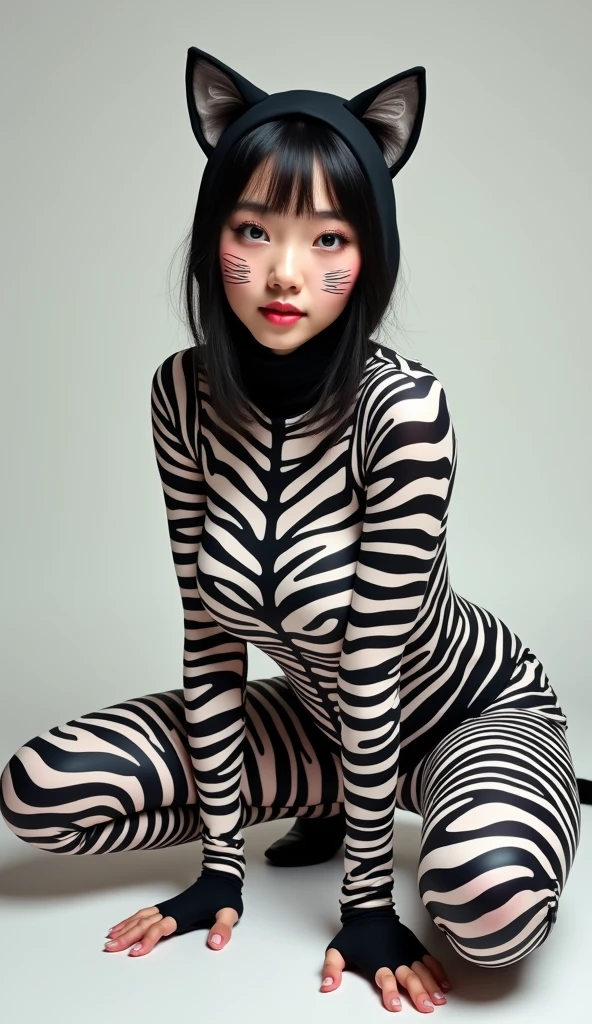 The beautiful,thin and clever asian muslimah adult girl with beautiful cheeks wears plains zebra print lycra turtleneck unitard catsuit covered with stripes and plains zebra print lycra elastane stretchy dancewear shawl hijab covered with stripes.She is tired when she sleeps on the tree.