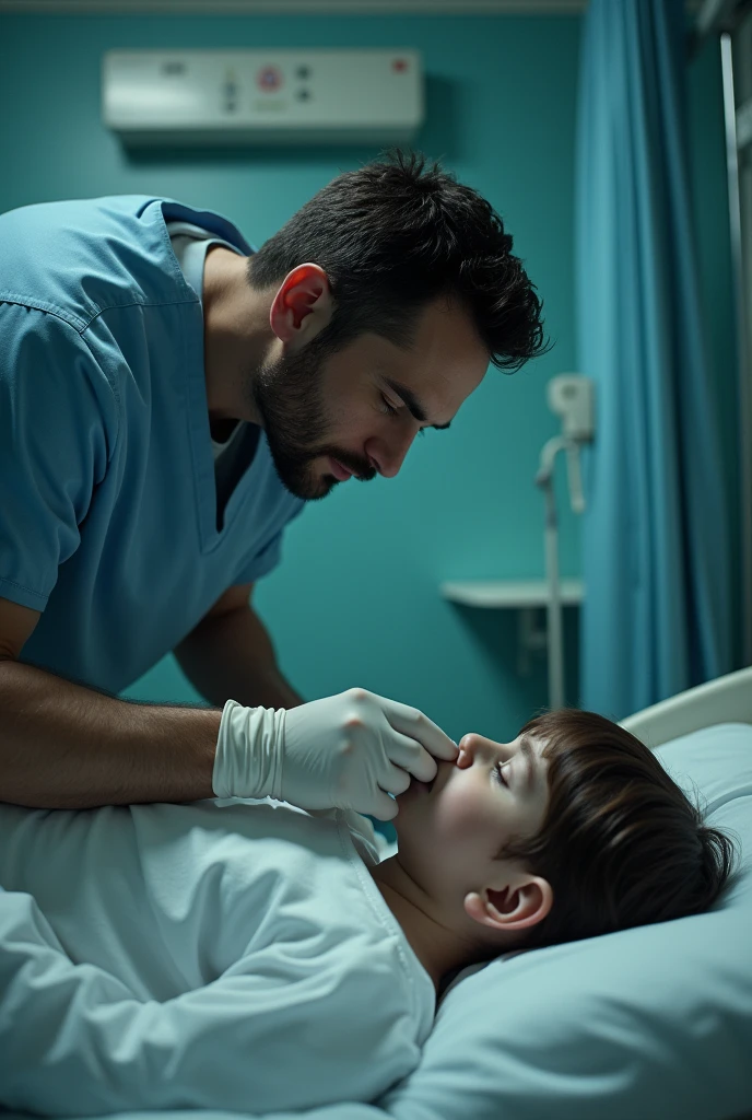Un homme sexy avec des gants chirurgicaux qui se tient devant un enfant dans un lit d’hopital. L’homme mets sa main sur la bouche de l’enfant lui pince le nez