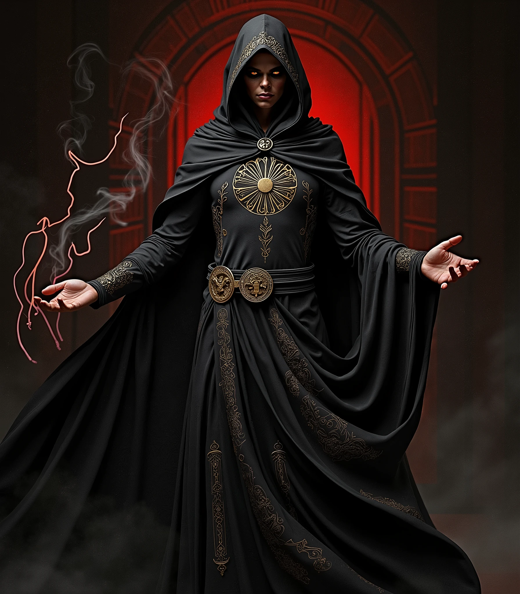 In a black wizard outfit with smokey eye 