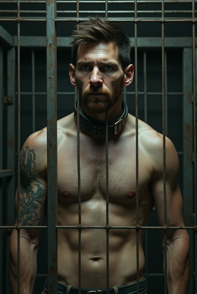 Messi without clothes tied with a dog collar locked in a cage