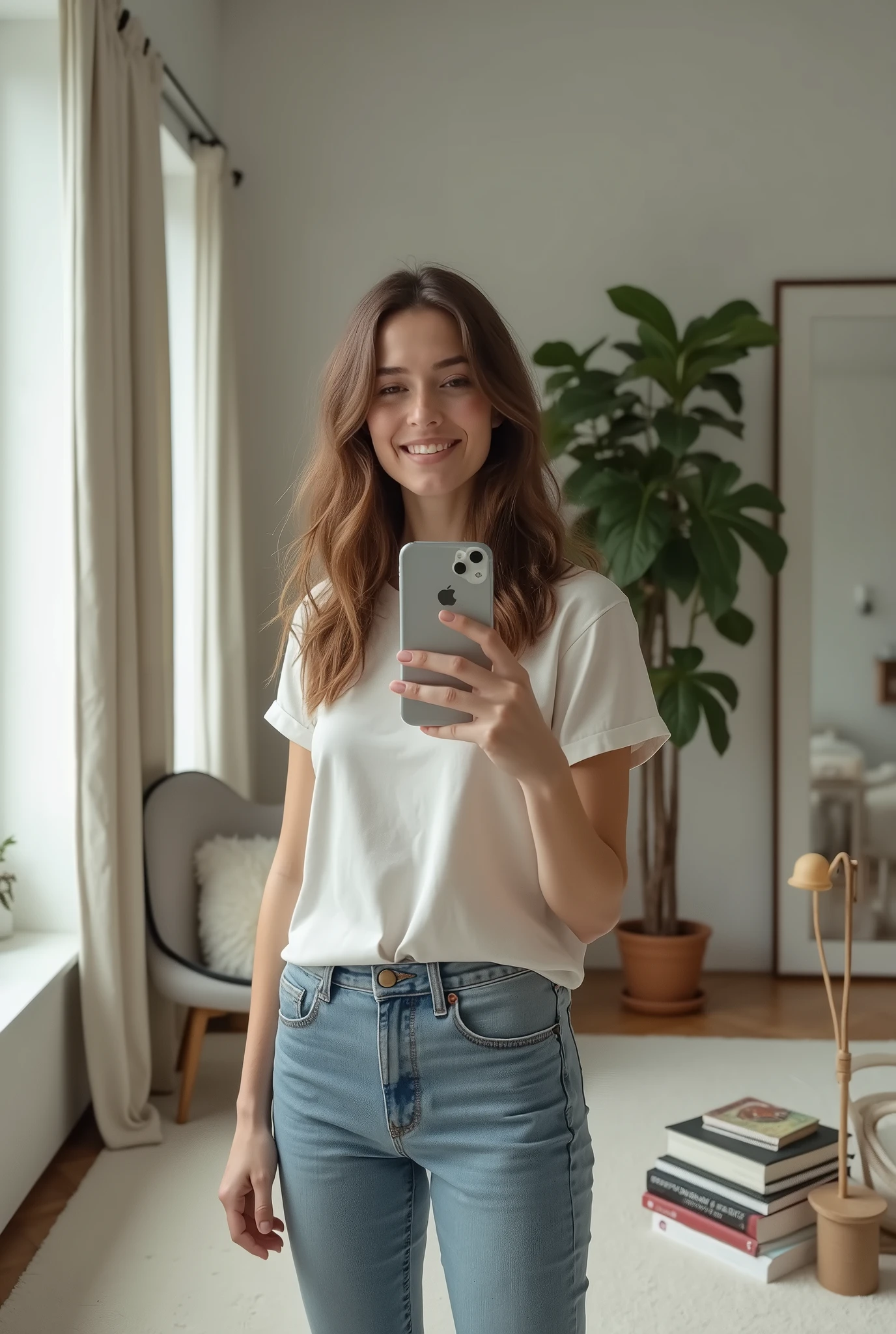 A young Caucasian woman in her twenties with slightly wavy, shoulder-length brown hair is standing in her modern bedroom. She is wearing a casual t-shirt and fitted jeans. She holds her smartphone with one hand in front of her mirror, capturing a photo of herself. His expression is relaxed and slightly smiling. The room is modern with neutral colors, minimalist furniture, and a potted green plant in the corner. There is a large framed mirror against the wall behind her, reflecting part of the room. Natural light enters through a large window to its left, creating a bright and warm atmosphere. Details like stacked books, a soft rug, and a designer lamp add a personal touch to the scene
