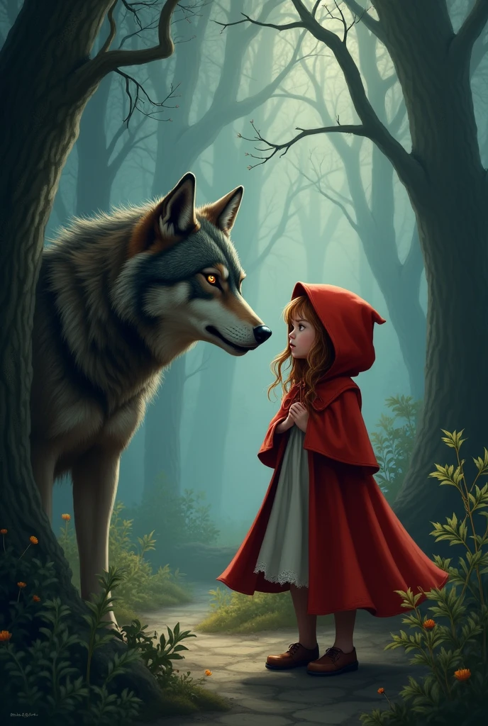 A  geil named  little red riding hood got lost in the forest and saw a wolf and she was very scared  but  the  wolf did not  touch her