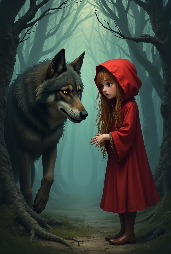 A geil named little red riding hood got lost in the forest and saw a wolf and she was very scared but the wolf did not touch her