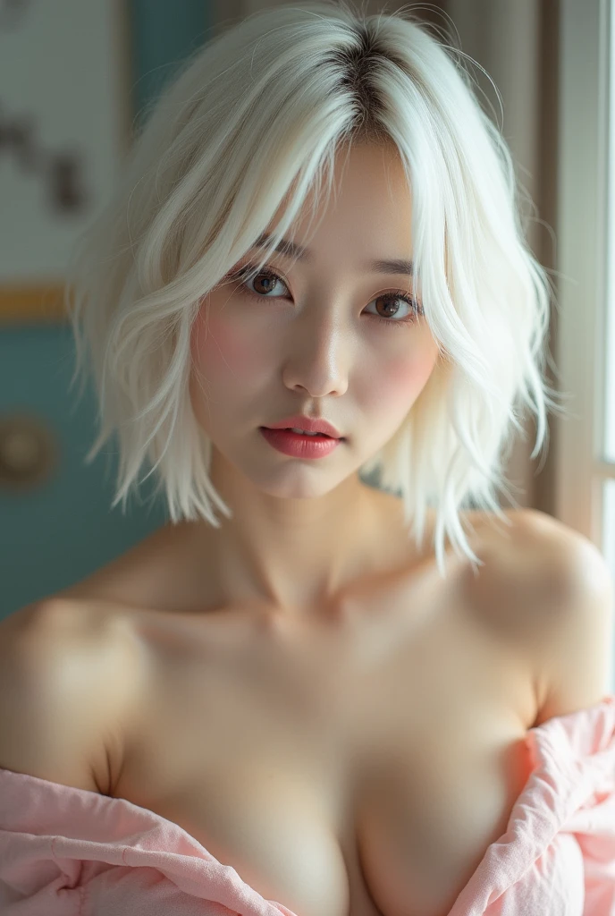 A Korean woman with short, white hair, a beautiful face showing her cleavage, wearing a revealing outfit. The style of the picture is surreal, pastel tones, mid shot, dramatic lighting.