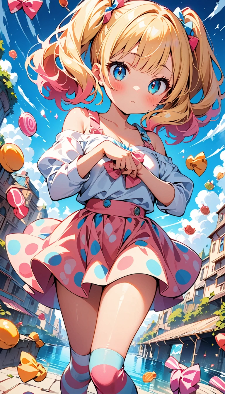 (high quality, 8k, 4k, high contrast, masterpiece:1.2, best quality, best aesthetics), (dynamic angle), Super detailed, fantasy:1.2, (young girl), (Big eyes), (small face), (high detail skin:1.2), cute face, beautiful appearance, pop art、pretty girl、フリルのドレスを着たpretty girl、colorful、big、Comic book style eye、bright colors、pastel colour、playful expression、detailed clothing, off shoulder, pinup style, puff sleeves、polka dot dress、retro hairstyles, blush、Pouting pose, bubblegum pink background, ((The background is filled with lots of candy.)), striped stockings, pop art スタイル, Whimsical, interesting, Bright style,