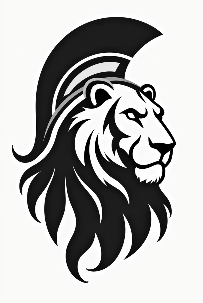 Create a clip art, just shape of the lion head that is using full spartan helmet, covering the face, color white and black, less details