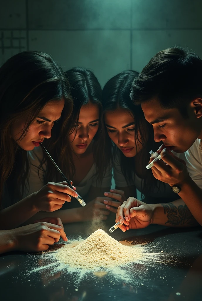 A poor age girl smokes with friends in an old building