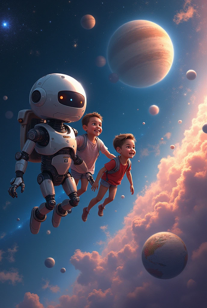 Robot and kids flying in space and planets around them.