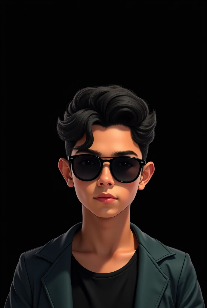 A tan boy with black wavy hair wearing sunglasses with black background