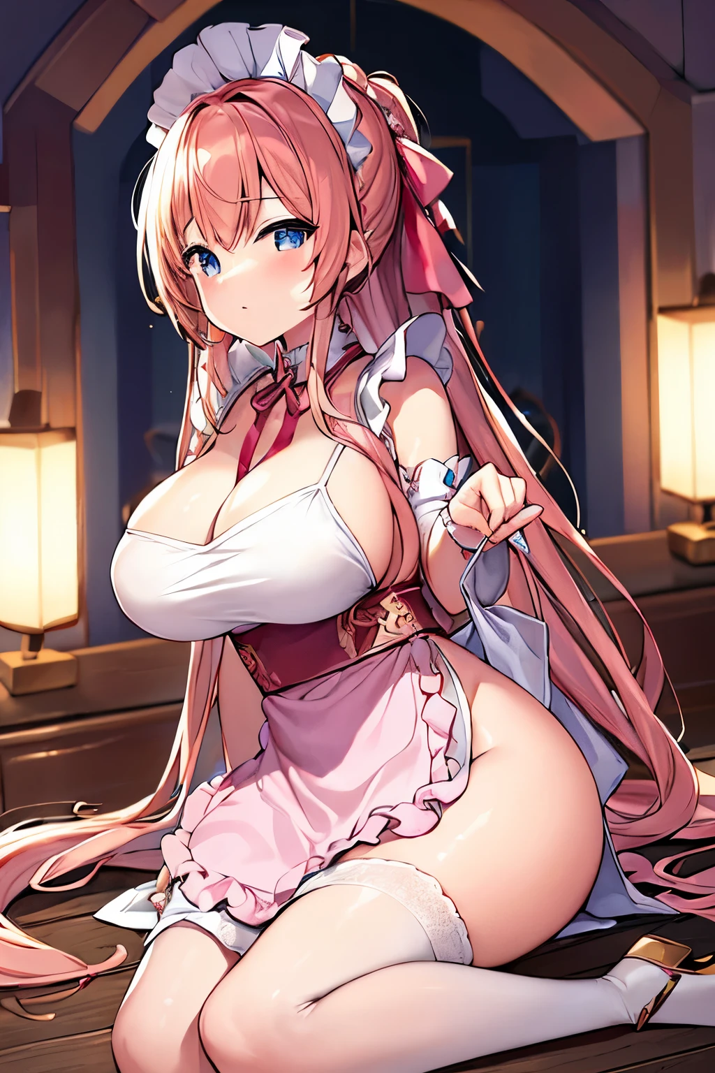 (4K、high resolution、Detailed light、Detailed Shadows、Detailed Design)、1 person、Bronze Hair、Pink maid outfit、Double side slits、Big slit、(White apron)、Bigger breasts