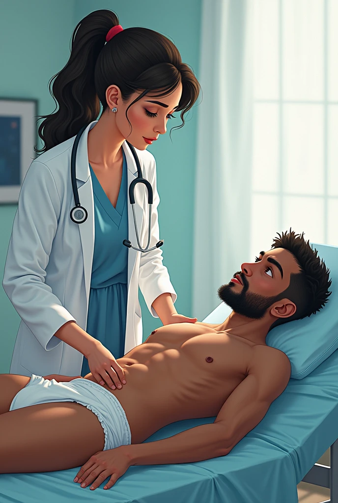 Female doctor opening up the diaper of a young mixed race man, SMOOTH FACE, extremely hairy in a diaper lying down.