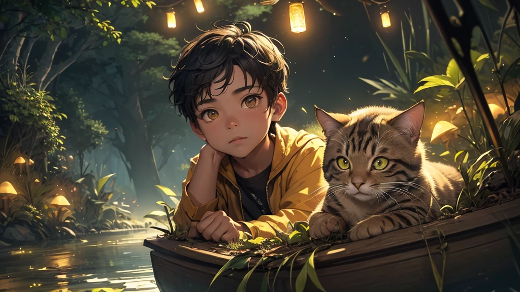 a boy lying and looking up at the night sky, a cat sleeping on a raft in a small calm river, fireflies illuminating the surroundings, parts of the grass, leaves, trees, and mushrooms glowing with patterns, (best quality,4k,8k,highres,masterpiece:1.2),ultra-detailed,(realistic,photorealistic,photo-realistic:1.37),highly detailed boy's face and expression, extremely detailed cat, intricate details of the glowing plants and fireflies, dramatic lighting, cinematic composition, stunning landscape, muted color palette, moody atmosphere
