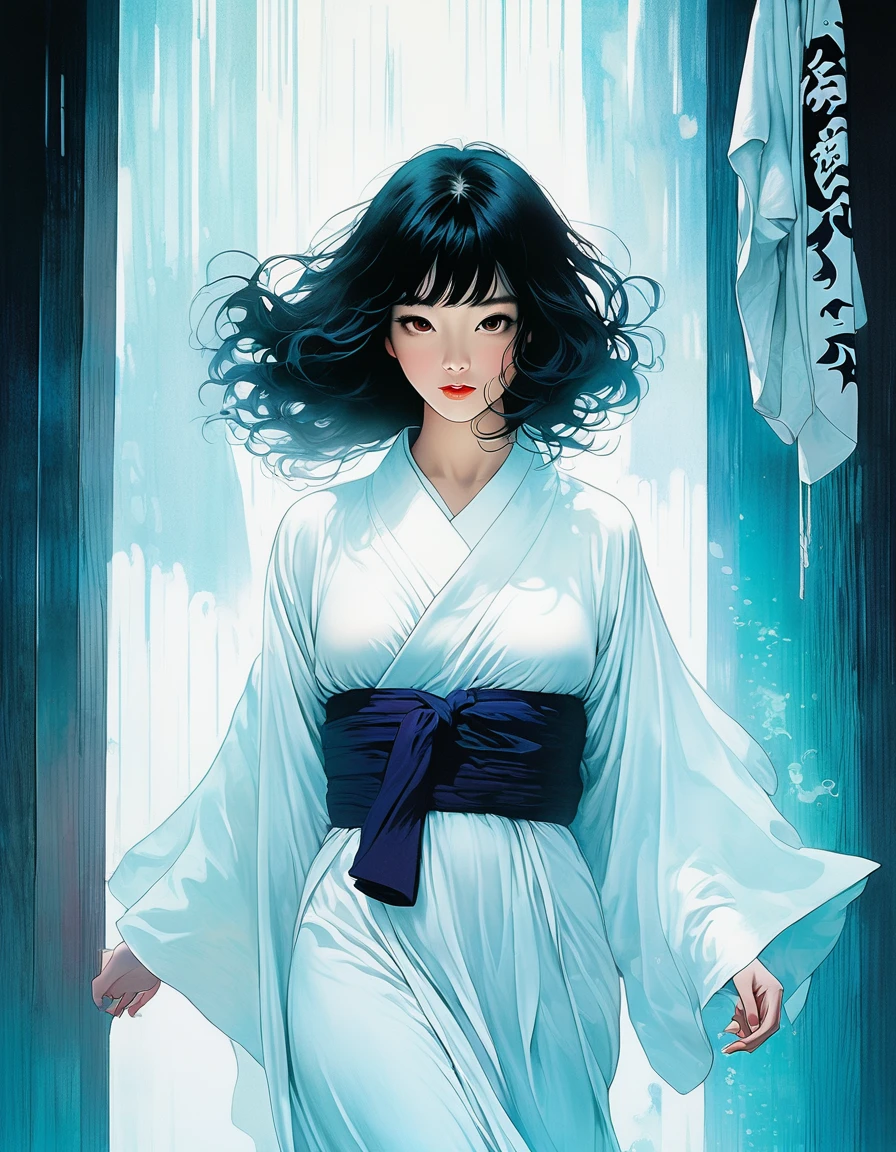 An illustration、art、70s horror movie posters, Inuki Kanako、Attention to detail, Analog Style, chromatic aberration, Surrealism、Complementary Gradient、A woman in a pure white kimono、Spooky atmosphere、ghost、White robes
