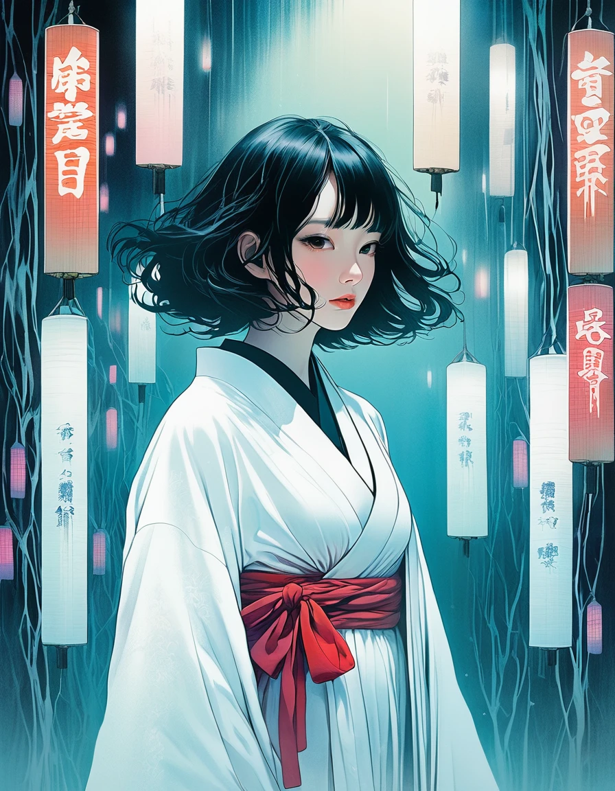 An illustration、art、70s horror movie posters, Inuki Kanako、Attention to detail, Analog Style, chromatic aberration, Surrealism、Complementary Gradient、A woman in a pure white kimono、Spooky atmosphere、ghost、White robes