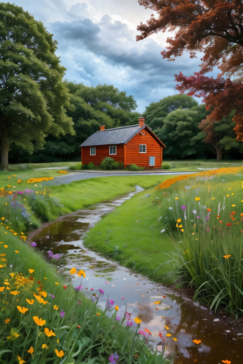 Create a landscape of a serene countryside scene during a gentle summer rain. A cozy cottage with a red roof is nestled near a large, lush green tree. The sky is filled with dramatic, billowing clouds in vibrant shades of orange and yellow, illuminated by sunlight breaking through, creating a striking contrast with the dark blue rain clouds. A narrow, winding patleads to the cottage, bordered by wildflowers in bright red and orange hues, and rich green grass. Small puddles form from the rain along the path. The overall atmosphere is peaceful and picturesque, with a harmonious blend of nature and tranquility, depicted in highly saturated colors to enhance the vividness and charm of the landscape.