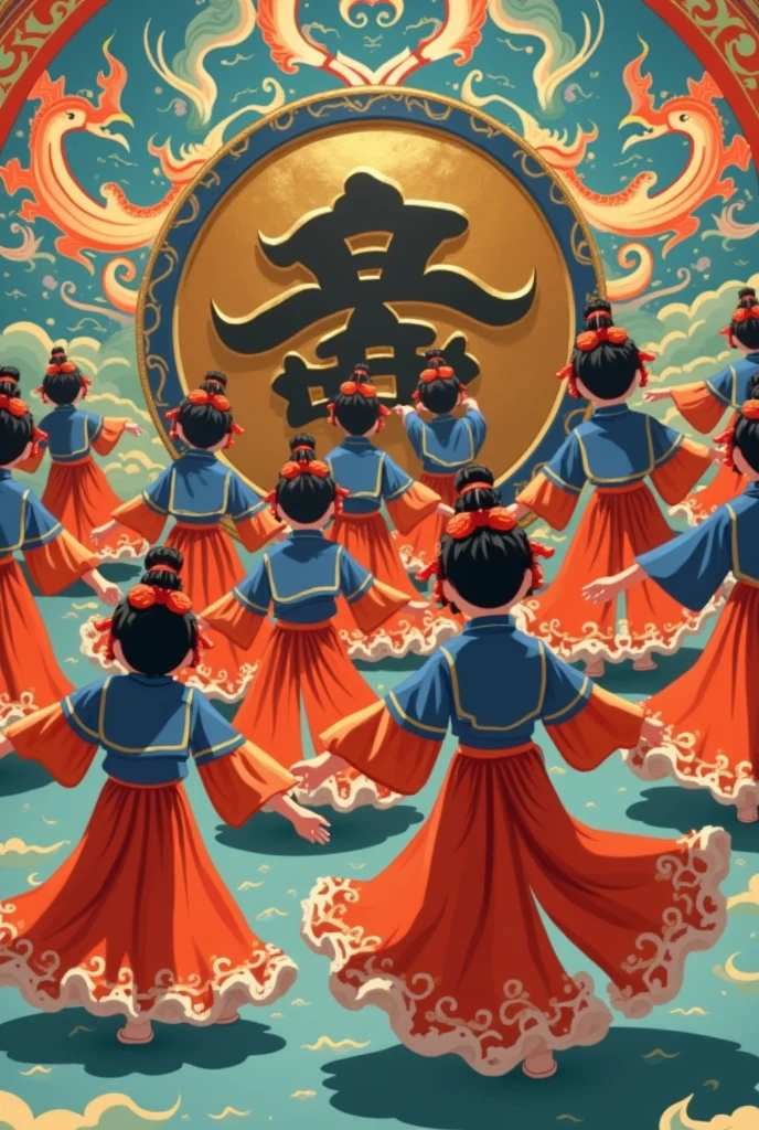 Phoenix Resurrection Dance、Traditional Japanese Bugaku、Children wear costumes modeled after phoenix feathers and perform a dance symbolizing the phoenix's return from the underworld.、The background is filled with a huge decorative pattern of a large drum.、The pattern is auspicious, with phoenixes and five-colored clouds.、In the center is a drum covered in gold leaf, giving a dramatic effect to the children's dance.、Please bring the whole piece together in style.、