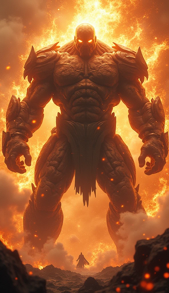 An epic scene of a fierce titan breaking free from chains, with radiant light and energy surging out. The titan’s eyes glow with intensity, and its body is surrounded by swirling winds and fire, symbolizing the boldness and fierceness of unleashing inner strength.