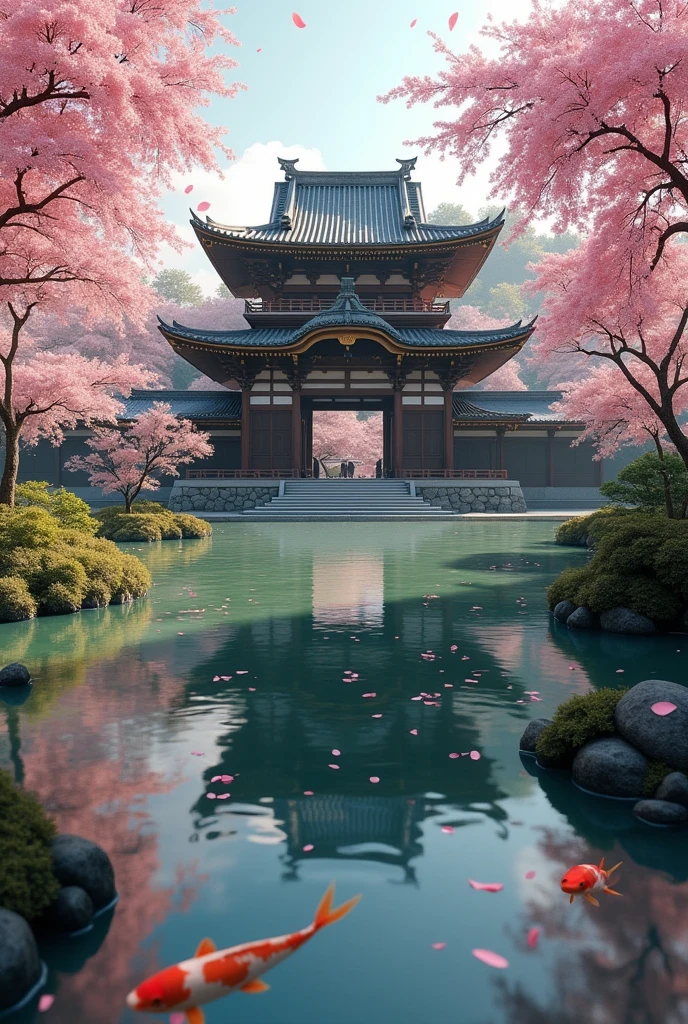 Absurd, High resolution, Super detailed, beautiful, masterpiece, Highest quality,Edo period Japanese temple, Lush garden, Bright colors, Quiet Pond, Traditional architecture, cherry blossoms、水面に光がreflectionしている、gate、Petals are dancing、reflection、Realな質感、Realistic、Real、Realistic、Blur、carp、Deer Weigh、