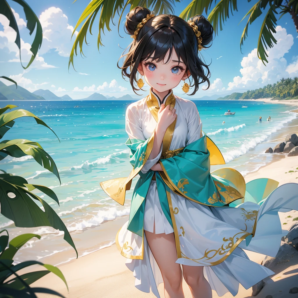 A chibi child girl had a small face and Wearing a white little Taoist priest's outfit. A pair of big round eyes shone with curiosity about him. This child was so cute!, Burning joss paper and gold paper for the departed spirits, her hair is black with two buns on her hair.smiling.The little chibi baby looked up with his chest raised, and his face was old and proud.
Standing holding a coconut, under a coconut tree, on the beach, blue sea, overlooking the sea and green mountains, low clouds