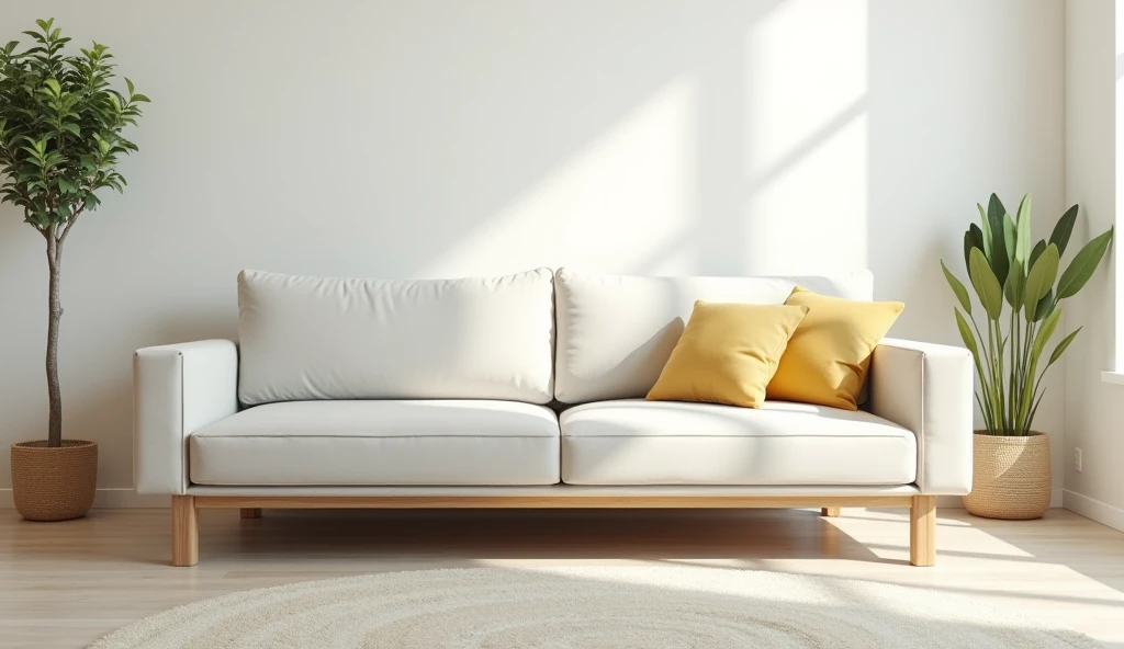 Wall with a sofa centered very close by, natta, without many props, just a sofa in the living room very close to the camera. simple house, does not look elegant 