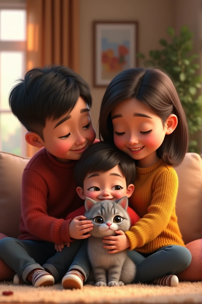 With a 3d Pixar Animation,A warm, cozy living room with a loving family gathered around a gray tabby cat. The parents are smiling as the hugs the cat, who is starting to relax and feel safe
