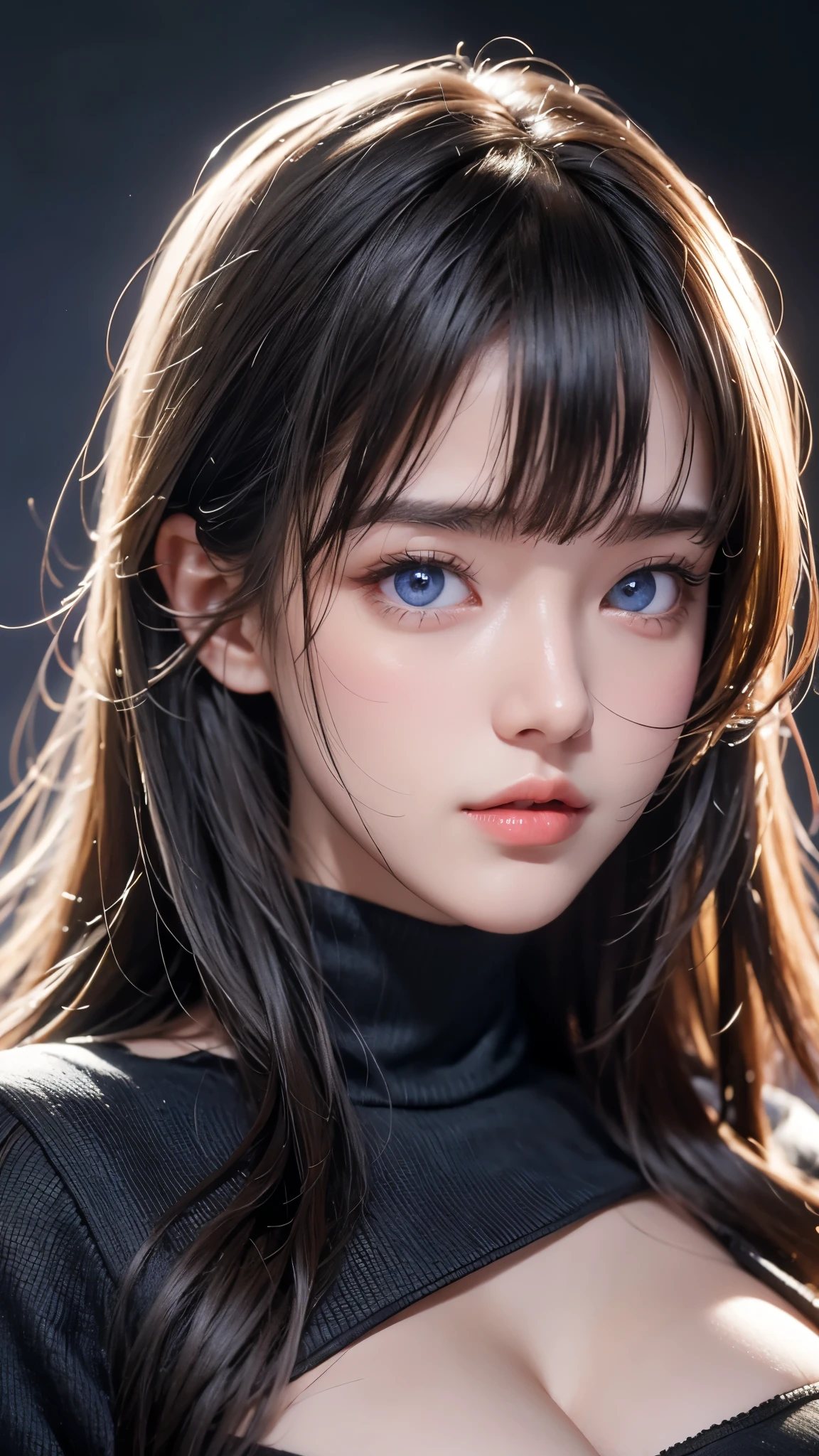 masterpiece, Highest quality, Very detailed, Facing the camera, 複雑に詳細なSuper detailed, Realistic, Sharp features, Very detailed, Sharp focus, Perfect Face, Perfect Face, Perfect symmetrical perfect eyes, Perfect Plump Lips, Flexible female form, Cinematic, Film Light, Super detailed, hyper Realistic, masterpiece, Atmospheric, High resolution, Vibrant, Dynamic Studio Lighting, ((Dark Background)), The expression when receiving pleasure, Straight bangs, blue eyes,Black sweater, Cowboy Shot, Big Breasts,zipper