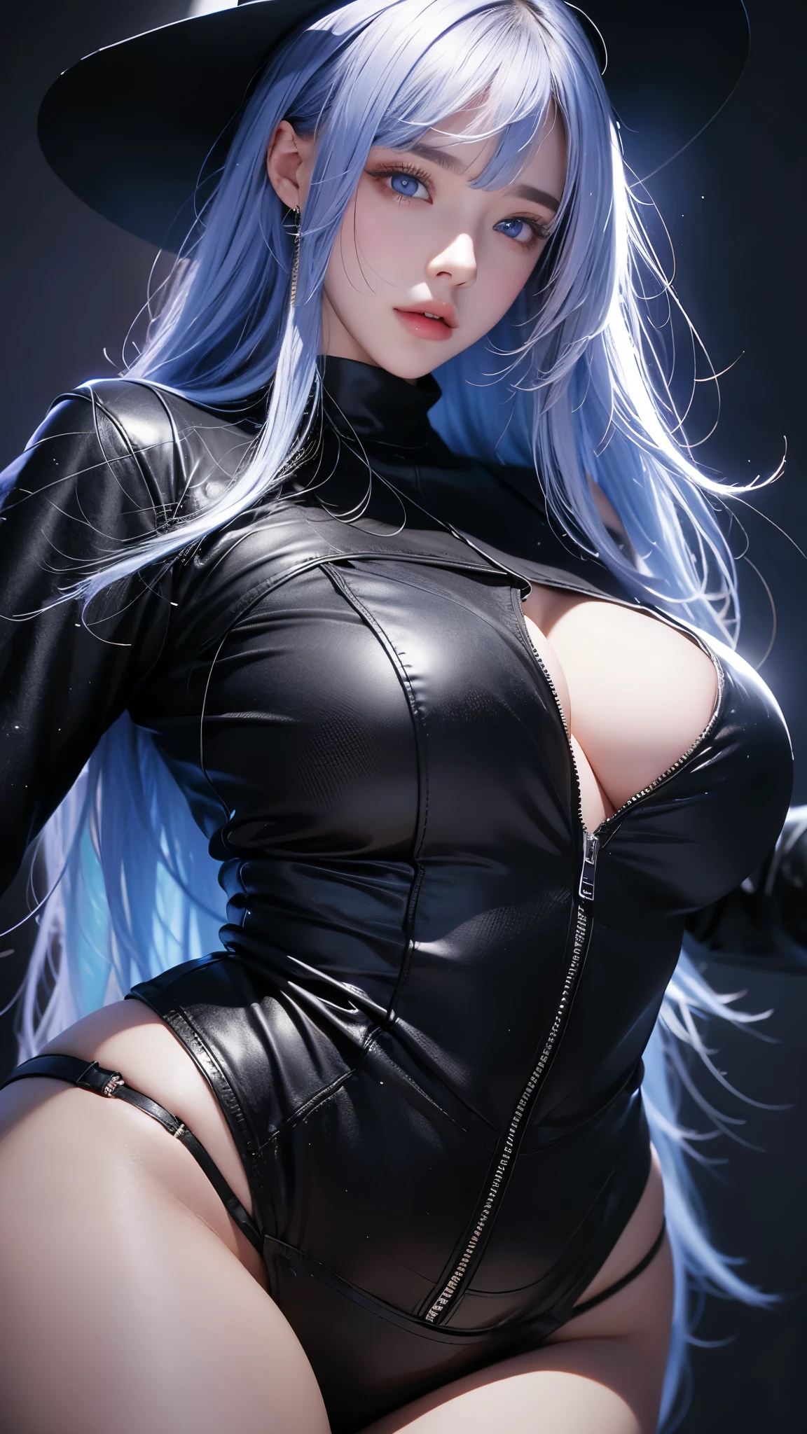 masterpiece, Highest quality, Very detailed, Facing the camera, 複雑に詳細なSuper detailed, Realistic, Sharp features, Very detailed, Sharp focus, Perfect Face, Perfect Face, Perfect symmetrical perfect eyes, Perfect Plump Lips, Flexible female form, Cinematic, Film Light, Super detailed, hyper Realistic, masterpiece, Atmospheric, High resolution, Vibrant, Dynamic Studio Lighting, ((Dark Background)), The expression when receiving pleasure, Straight bangs, blue eyes,Black sweater, Cowboy Shot, Big Breasts,zipper