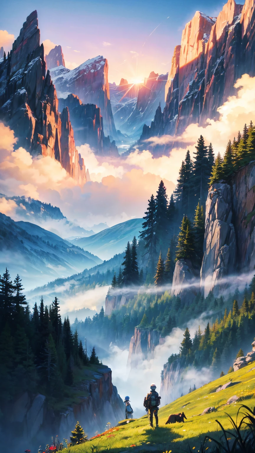 "Create a vibrant anime-style 4K wallpaper featuring two young adventurers standing side by side, holding mountain bikes. They are gazing out at a breathtaking landscape dominated by towering snow-capped mountains under a dynamic, colorful sky. The scene is set during the golden hour, with the sun casting warm, golden rays that illuminate the clouds and the peaks, creating a stunning contrast of light and shadow. The foreground is filled with lush green trees and wildflowers, while the distant valleys are bathed in soft, misty blues. The characters are dressed in outdoor gear, with backpacks and helmets, ready for a journey into the wilderness. The overall atmosphere of the image is one of exploration, adventure, and the beauty of nature, captured in a detailed and immersive anime style."
