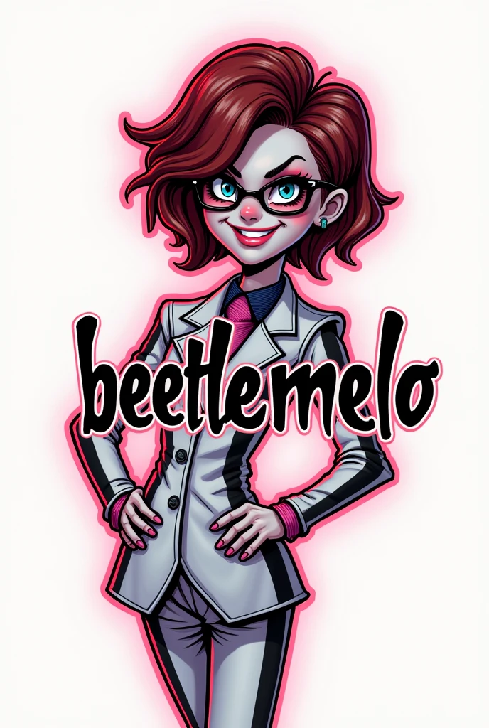 Make a logo on a white background which is in the style of the TIM BURTON movie BEETLEJUICE, THE TEXT OF THE LOGO IS: BEETLEMELO
give the text a neon red, and black color scheme 
Also put in a freaky cool goth girl with short red and brown mullet with short sidecut, glasses an a big grin and blue eyes, and a white suit withand black stripes like beetlejuice 