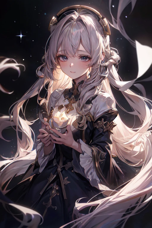 add_detail:1, starlight, stars, holding stars, glowing, space, 🌌, 1girl, young girl, curious expression, long hair,twin sitetail with curl, flowing hair, bangs, colorful detailed eyes