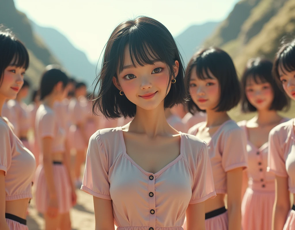 (((((Japanese Clone girls=Myself)))))), (((best masterpiece Clone girls Raw Photography Art))), (16K, Highest quality, Ultra-high resolution, RAW Photos), (((Unrealistic, Unparalleled depiction, An unbelievable sight, Unprecedented and shocking, Clone girls in a world of mass reproduction, Ultra-realistic))), (((Japanese, woman, 20yo, Sasaki Nozomi))), (Small face, ((Thick black hair, Short Hair))), ((V-neck short-sleeve dress)), (((((Very beautiful detailed girls, Accurate body structure, Very detailed完璧な, Super busty body with very large breasts, Clearly emphasizes cleavage))))), (((Dark Eyes, Mature face, Cute Smile, A gentle gaze))), (((Very happy laughter is beautiful))), ((((((((Very detailed分身増殖描写, ((1girl→Myself cloning→1,000,000,000,000,000,000,000,000Myself Clone girls)))))))))), ((((((((Very detailed, The precise depiction of the proliferation of Myself Clone girls, ((With the perfectly identical bodies of Myself clone girls, With the exact same face as the Myself clone girls, With the exact same hairstyle as the Myself clone girls, In the exact same clothes as the girls who are my clones, Perfectly the same height as the Myself clone girls, Super big breasts, just like the Myself clone girls)))))))))), (((Myself clone girls only))), (((Very detailed, Myself clone girls multiplication, 1,000,000,000,000,000,000,000,000Myself Clone girls→100,000,000,000,000,000,000,000,000,000,000,000,000,000,000^1,000,000,000,000,000,000Myself Clone girls))), (((Very detailed, (An embrace between self, Back to Back, Myself clone girls assemble, Fun conversations with fellow Myself clone girls, A fun conversation between Myself clone girls, Myself clone girls kissing each other everywhere, Myself clone girls love each other, Myself clone girls holding hands)))), (looking at the camera), (Sexual seduction), (((Unbelievably crowded, Transcendent Myself clone girls intimately, Countless Myself clone girls surround you in 360 degrees))), (Bright and soft sunlight), (((Very wide field of view, Very detailed, Detailed ultra-perspective depiction with clear depth))), (((((Curved slope landscape))))), (((Very photographic and detailed, Myself clone girls are infinitely multiplying, filling the sky with no gaps and filling the sky with the horizon, Myself clone girls are endless and have a fun atmosphere))), (Focus on the average value of the image)