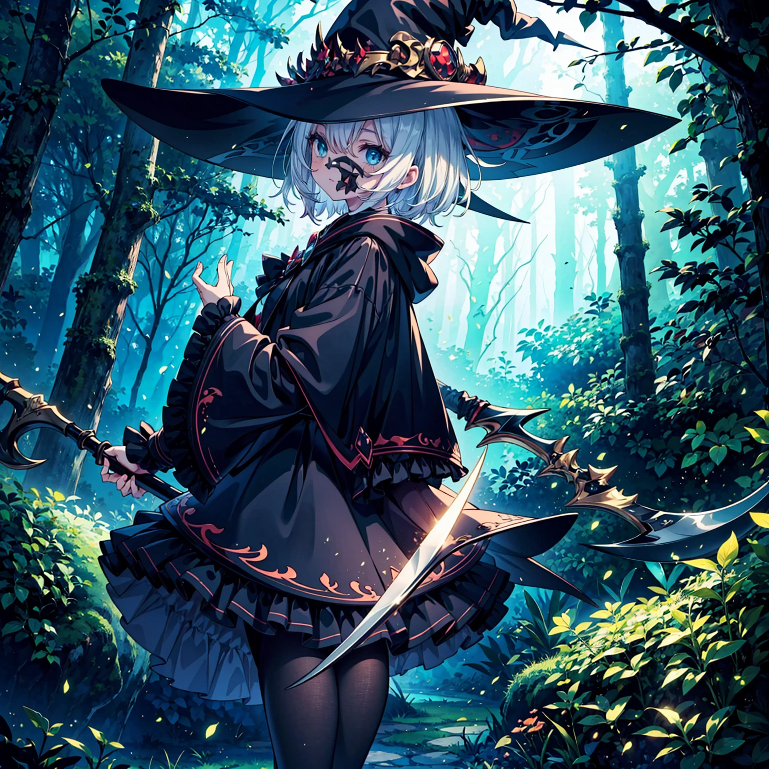 (masterpiece), best quality, highly detailed, A Magus girl with white hair holdding a magical scythe, witch hat, huge horn, frill short skirt, red and black outfit, scythe, magic light, background is dark forests