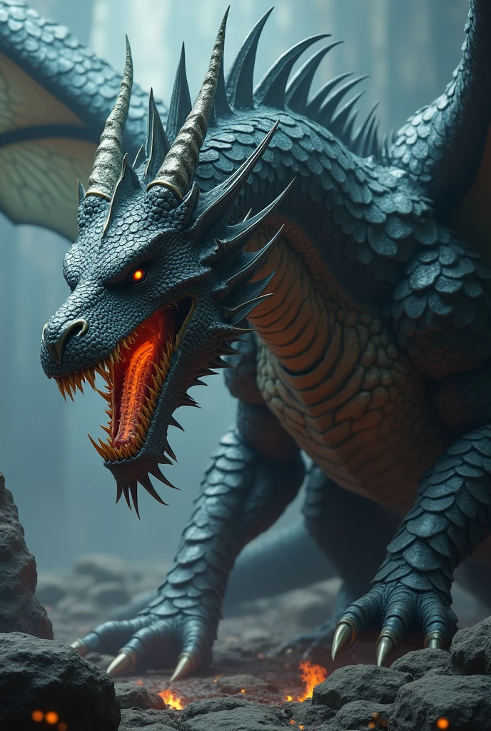 realistic detailed dragon, fantasy creature, mythical beast, powerful dragon, dragon scales, armor-plated dragon, dragon wings, dragon claws, dragon breath, dragon fire, dragon roar, dragon eyes, dragon teeth, dragon horns, dragon tail, medieval fantasy style, dark moody lighting, cinematic composition, dramatic shadows, epic scale, intricate textures, hyper realistic, 8k, (best quality,4k,8k,highres,masterpiece:1.2),ultra-detailed,(realistic,photorealistic,photo-realistic:1.37)