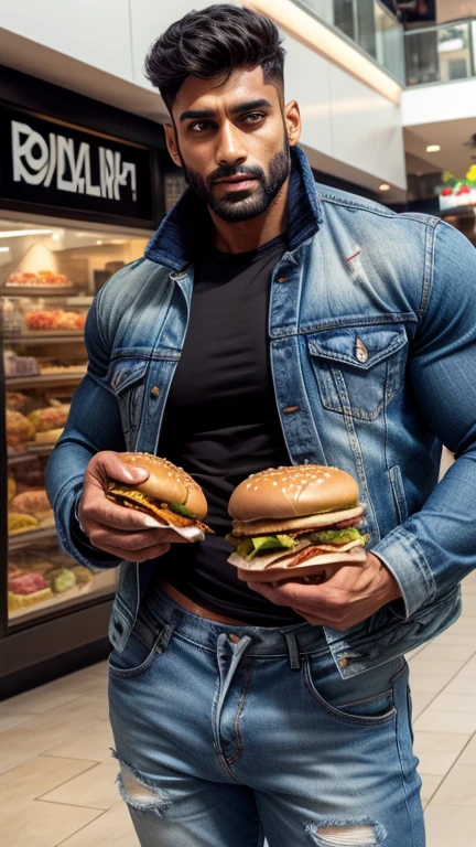 Handsome Indian pehlwan muscular hunk in tight denim sleeve less jacket with joggers with public hairs huge bulge wetty spot on bulge, eating burger in shopping mall, head to thigh view