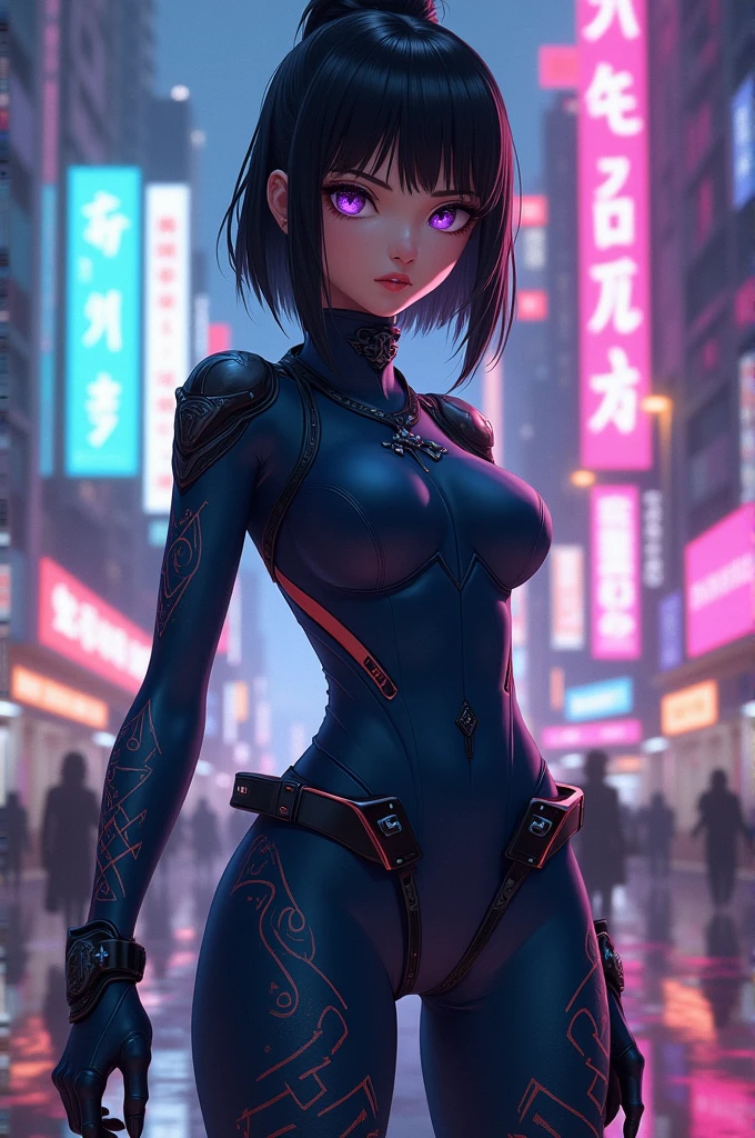 Highly detailed, ultra detailed, best quality, highest quality, hyper detailed, highly detailed background, photorealistic, masterpiece, (detailed CGI 32k:1.3), detailed realistic skin, stunning and gorgeous, (holographic girl), (against the backdrop of a cyberpunk city:1.2), (transparent body:1.3), small breasts, show off clothes, full body, (dim lighting:1.2), (detailed hair:1.3), (bob haircut:1.2), (blue hair:1.3), (centered), (highly detailed:1.4), (purple eyes:1.3), (detailed face and eyes:1.4).