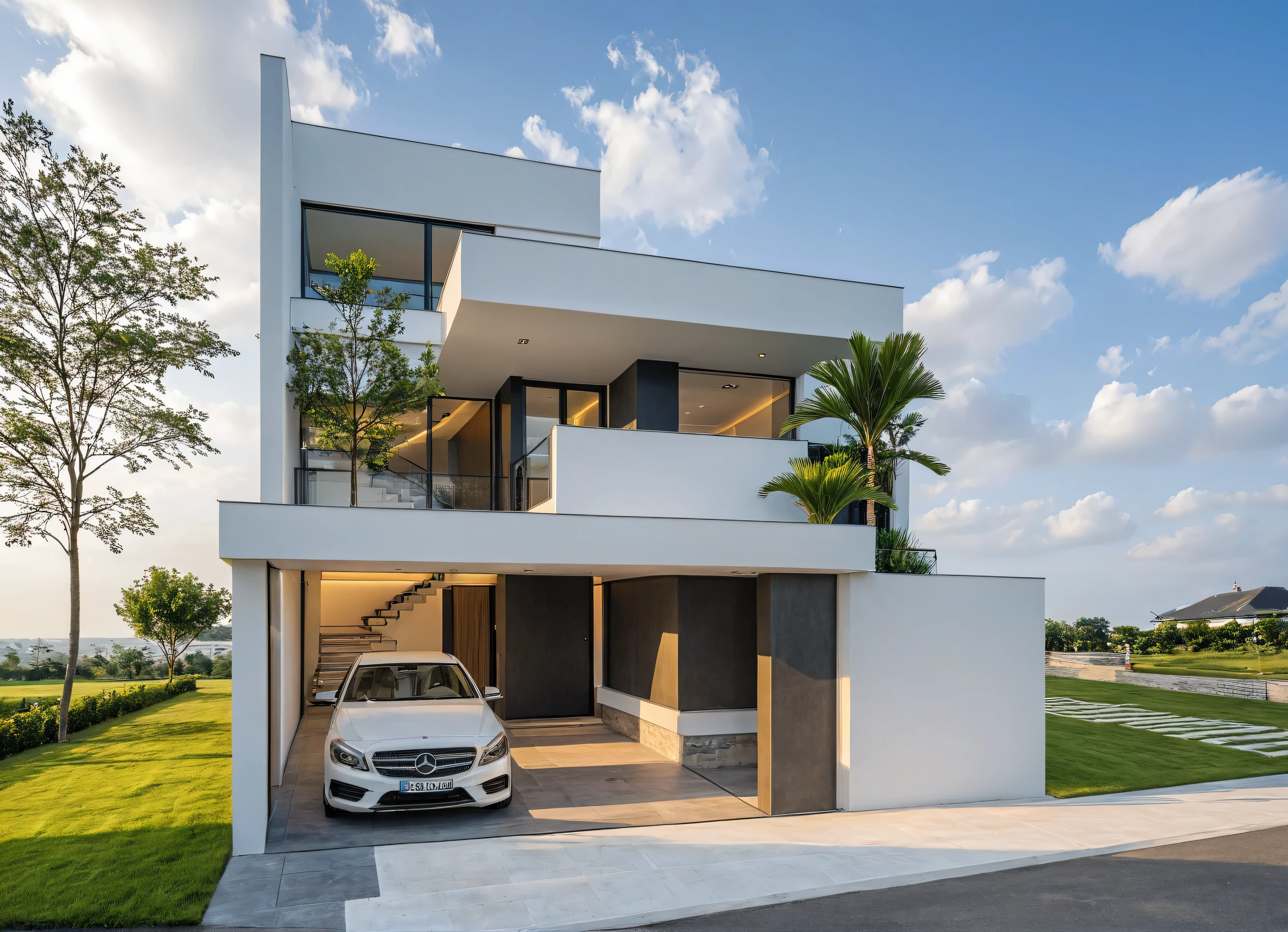Masterpiece, high quality, best quality, authentic, super detail, outdoors, onestoreyvillaXL, aiaigroup, house style modern on the street ,stairs, white wall ,road,pavement, grass, trees, sky, cloud, (daylight:1.1)