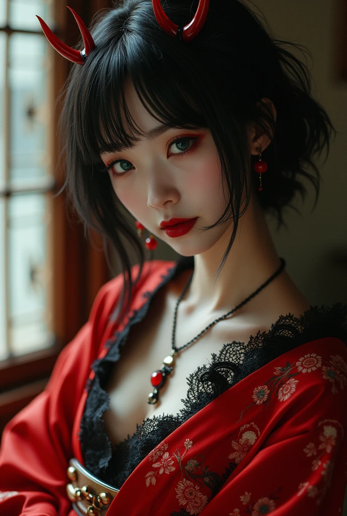 Black Hair。Bob。Straight hair type。Thin red horn。White skin。Green Eyes。Red on the corners of the eyes。Red seductive lips。Beautiful Japanese Women。Bewitching red kimono。Black lace-up heels。Enchanted thighs。
