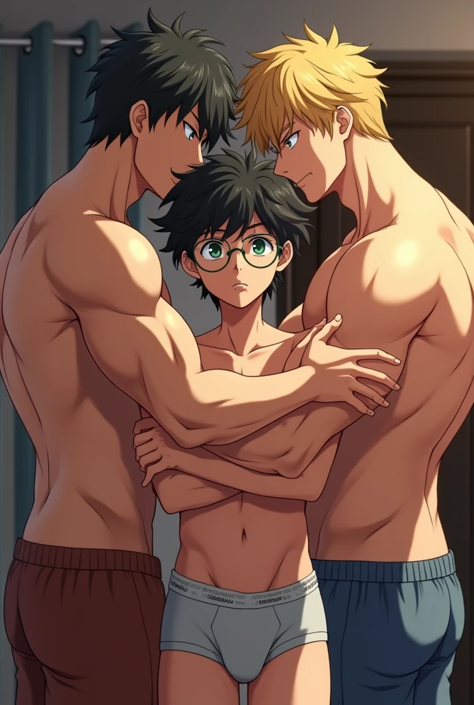 A very handsome male teenager. He has green eyes, curly black hair, and is wearing glasses. His skin is a light brown. He is a little nervous. There are two men on either side of him. They are shirtless and very muscular, wearing only a short thong that shows off their ass a little. They are hugging him. The male teenager is only wearing boxer shorts. They are in a room. Both men are smiling. One of the men is blond. The image has to be in anime.