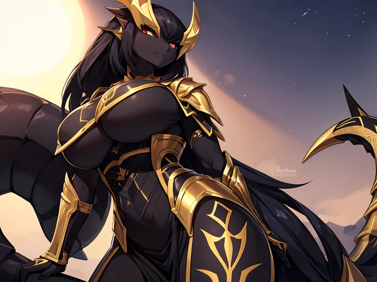 Busty female reptile,With shiny black scales and a long tail. Wearing sleek, simple gold armor. .