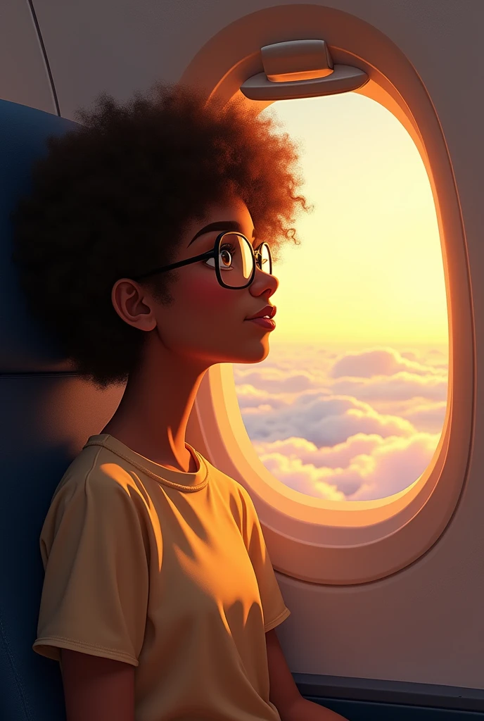 A curly hair, brown girl with glasses sitting in the first row of flight and the window open where golden light was shining on her face