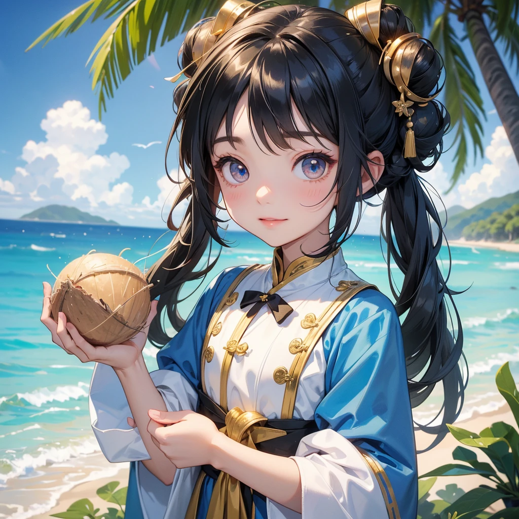 A chibi child girl had a small face and Wearing a white little Taoist priest's outfit. A pair of big round eyes shone with curiosity about him. This child was so cute!, Burning joss paper and gold paper for the departed spirits, her hair is black with two buns on her hair.smiling.The little chibi baby looked up with his chest raised, and his face was old and proud.
Standing holding a coconut, under a coconut tree, on the beach, blue sea, overlooking the sea and green mountains, low clouds