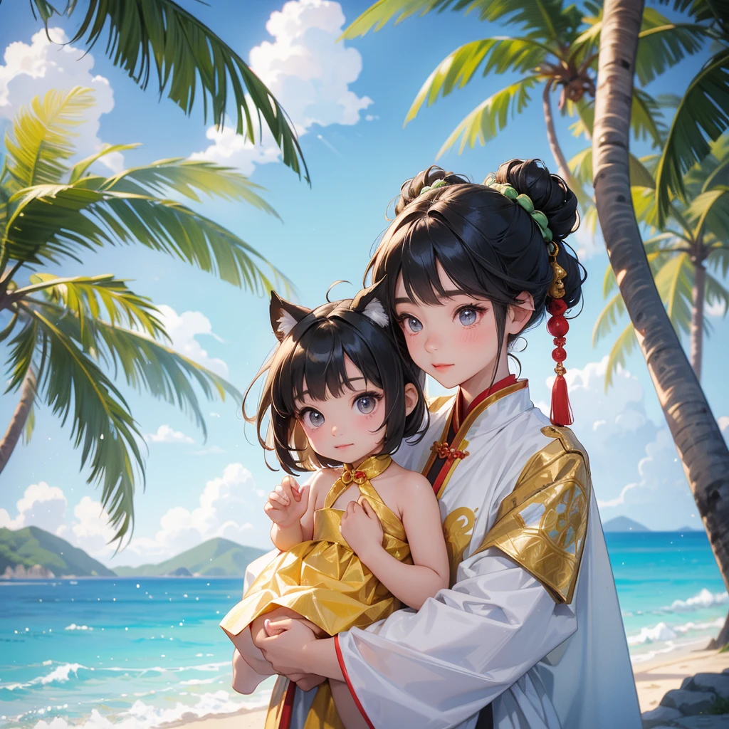 A chibi child girl had a small face and Wearing a white little Taoist priest's outfit. A pair of big round eyes shone with curiosity about him. This child was so cute!, Burning joss paper and gold paper for the departed spirits, her hair is black with two buns on her hair.smiling.The little chibi baby looked up with his chest raised, and his face was old and proud.
Standing holding a coconut, under a coconut tree, on the beach, blue sea, overlooking the sea and green mountains, low clouds