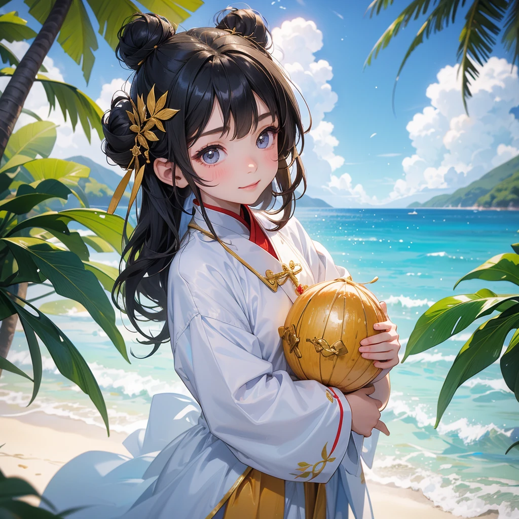 A chibi child girl had a small face and Wearing a white little Taoist priest's outfit. A pair of big round eyes shone with curiosity about him. This child was so cute!, Burning joss paper and gold paper for the departed spirits, her hair is black with two buns on her hair.smiling.The little chibi baby looked up with his chest raised, and his face was old and proud.

Standing holding a coconut, under a coconut tree, on the beach, blue sea, overlooking the sea and green mountains, low clouds
