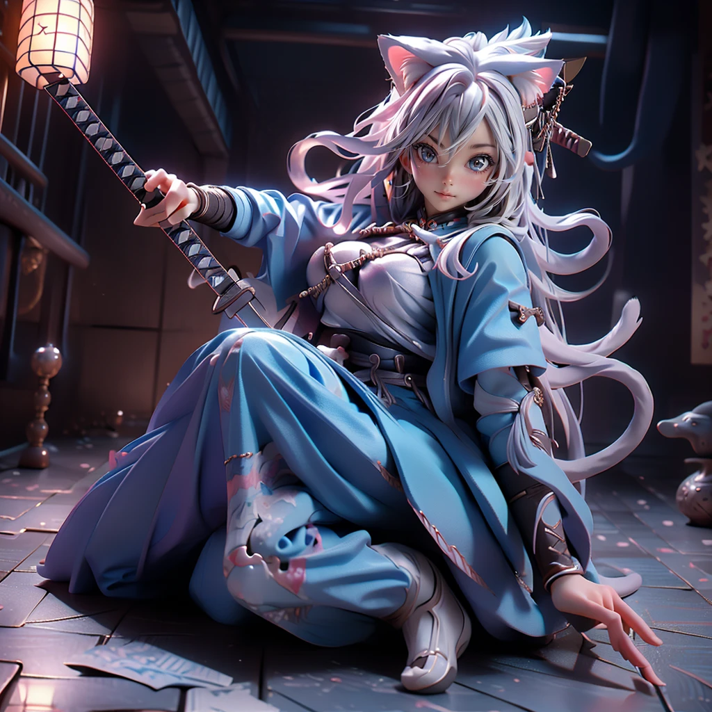 Moisturized Skin, (blue eyes), Realistic body, (Adult female body), Energetic, 3DCG, front, High angle, Pink lipstick, (Beautiful belly button), (Silver Hair), ((Cat ear)), Beautiful Hair, (((Samurai Armor: 1.3))), ((masterpiece + Highest quality + High resolution + Very detailed)), (whole body: 1.2), Get down on your right knee, Raise your left knee, Place your left hand on the ground, Holding a Japanese sword, Perfect fingers