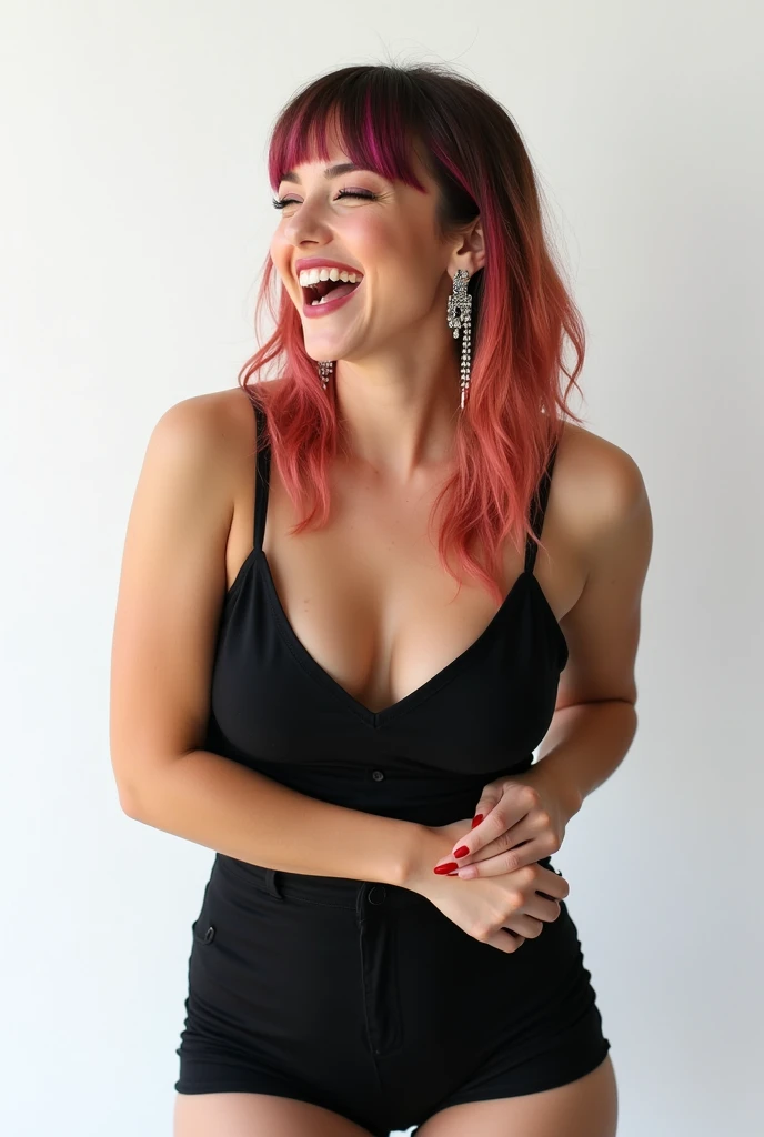 From above、Highest quality, Tabletop, Actress Photos, Age 25, beautiful, Observe your audience、Background white、Nike、Earringsの女性、Earrings、Laughter、Colorful Hair, Black shorts、Blunt bangs、(Black Skirt)、(One Girl:1.5, alone), Photorealistic, High resolution, Akame, Korean, Cowboy Shot、Gothic, Huge , (Perfect :1.5)