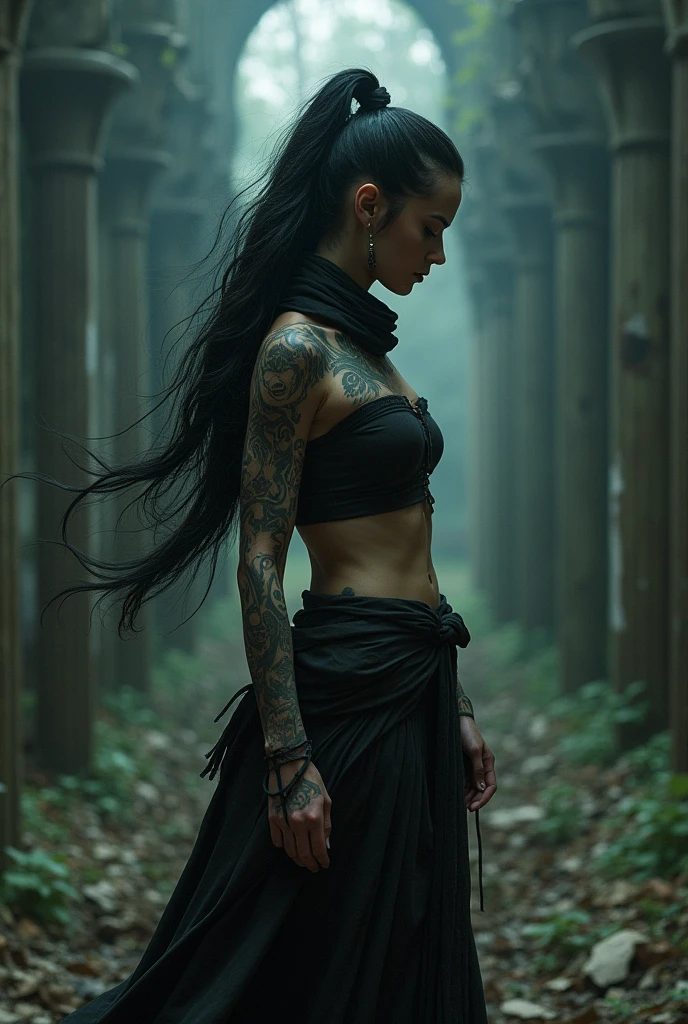 night, very dimly lit, highly detailed, intricate, masterwork, random view angle, skinny female warrior, extensively tattooed tribal inspired, confidence, asserted, lost in thoughts, exhausted, disappointed, fantasy futuristic mixed setting, extremely long voluminous hair, long voluminous ponytail, long scarf, crop tank, low-rise maxi skirts, very strong directional wind, old abandoned overgrown ruins
