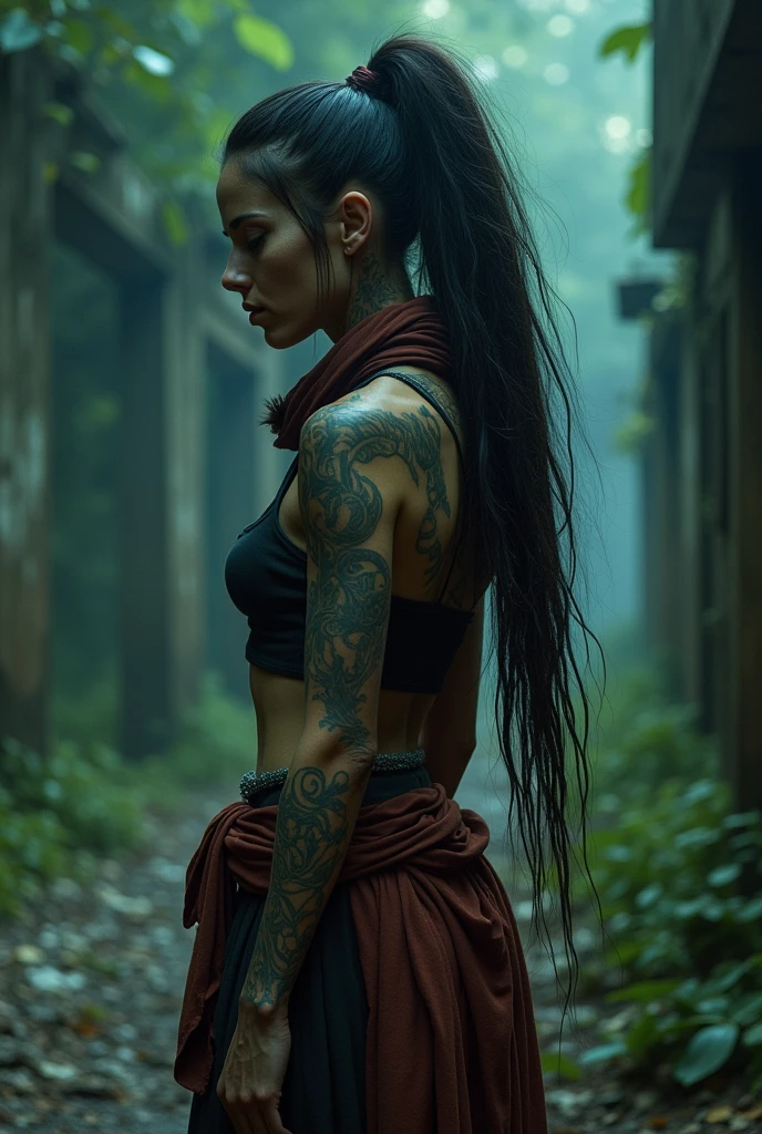 night, very dimly lit, highly detailed, intricate, masterwork, random view angle, skinny female warrior, extensively tattooed tribal inspired, confidence, asserted, lost in thoughts, exhausted, disappointed, fantasy futuristic mixed setting, extremely long voluminous hair, long voluminous ponytail, long scarf, crop tank, low-rise maxi skirts, very strong directional wind, old abandoned overgrown ruins