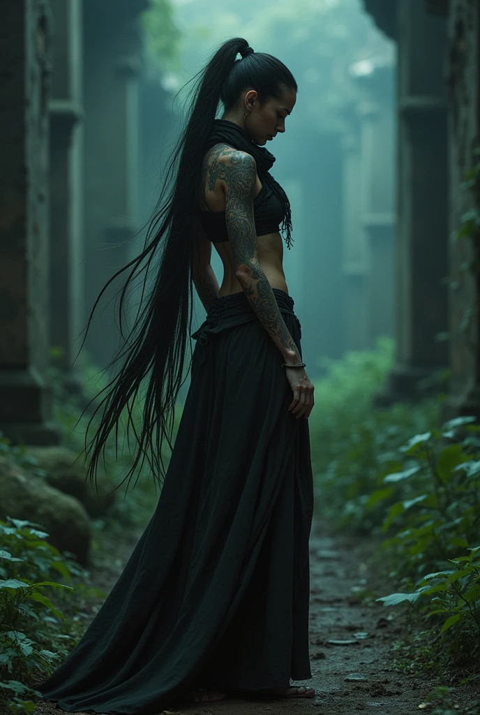 night, very dimly lit, highly detailed, intricate, masterwork, random view angle, skinny female warrior, extensively tattooed tribal inspired, confidence, asserted, lost in thoughts, exhausted, disappointed, fantasy futuristic mixed setting, extremely long voluminous hair, long voluminous ponytail, long scarf, crop tank, low-rise maxi skirts, very strong directional wind, old abandoned overgrown ruins