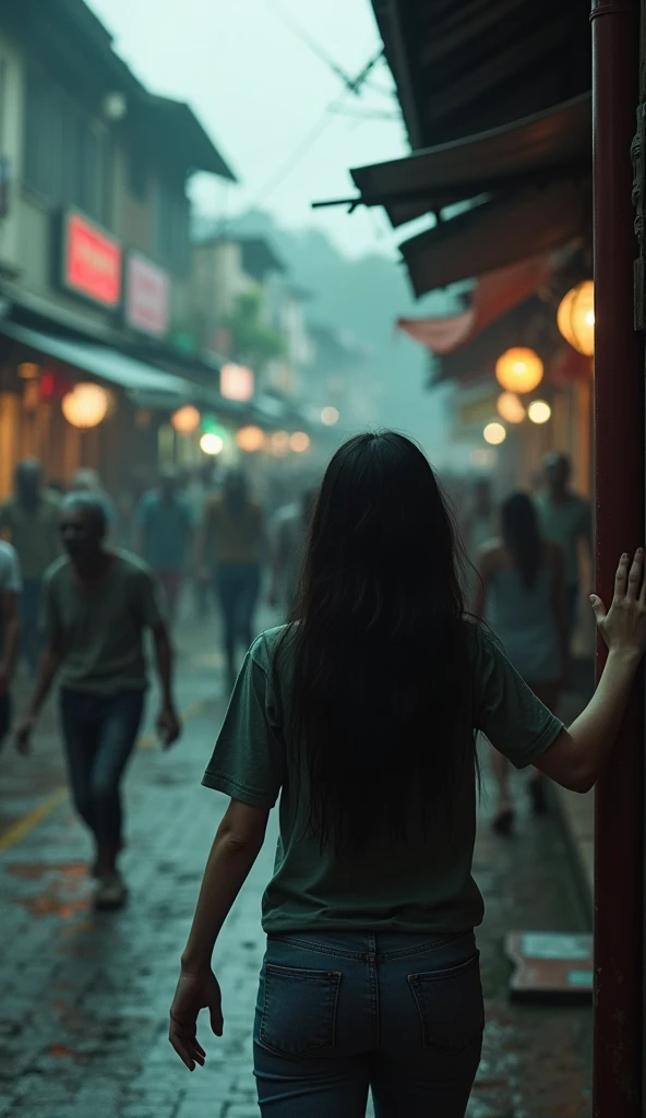 "Image of the zombie outbreak in Chiang Mai, Zombies walk along the pedestrian street, I&#39;m running away from zombies., The atmosphere is gloomy.,A age girl with long black hair turns her back on a building and hides behind it, trying to escape the zombies. Action movie style."