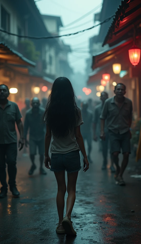 "Image of the zombie outbreak in Chiang Mai, Zombies walk along the pedestrian street, I'm running away from zombies., The atmosphere is gloomy.,A teenage girl with long black hair turns her back on a building and hides behind it, trying to escape the zombies. Action movie style."